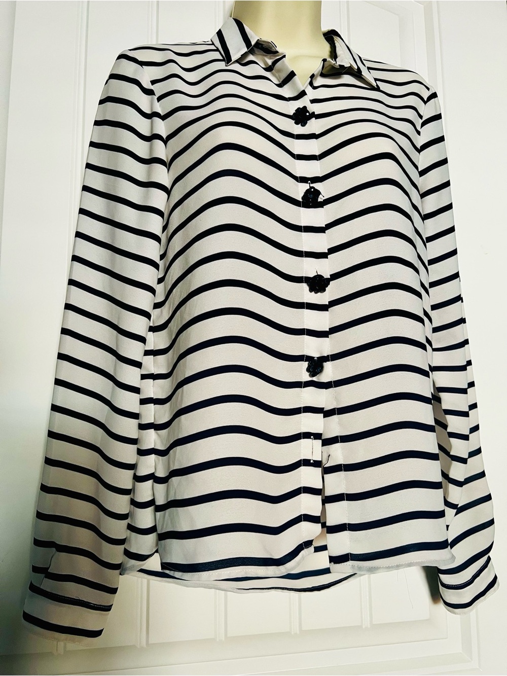 Zara Navy & White Contemporary Striped Button-Down Blouse
